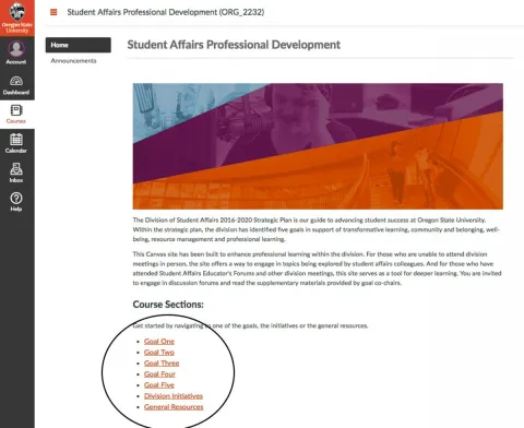 welcome screen of Student Affairs Professional Development course