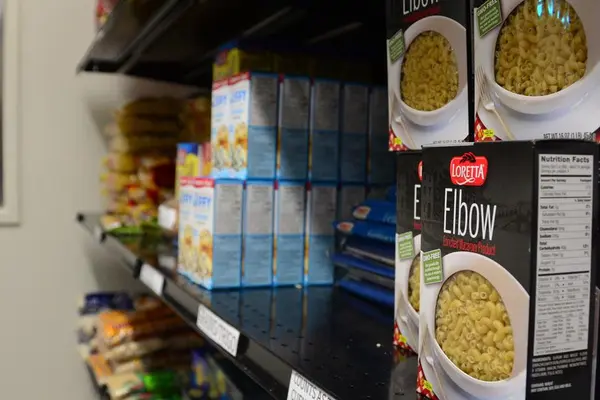 Shelves of food in the Human Services Resource Center