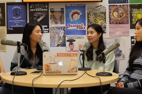 Four students recording the Making Waves podcast